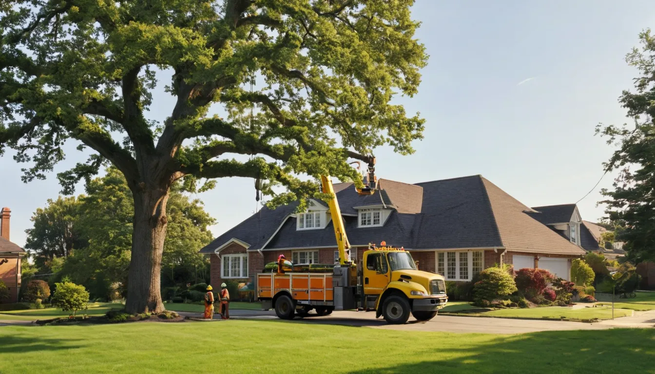 A tree service crew safely removing a large tree beside a house in Stonecrest