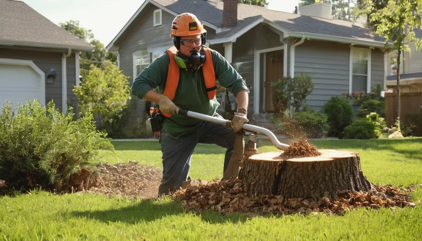 A stump grinder at work on a tree stump in a Stonecrest backyard, with wood chips flying